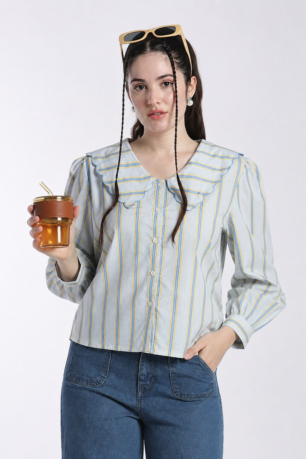 Light Blue Bishop Sleeves Regular Fit Top For Women - Image 1