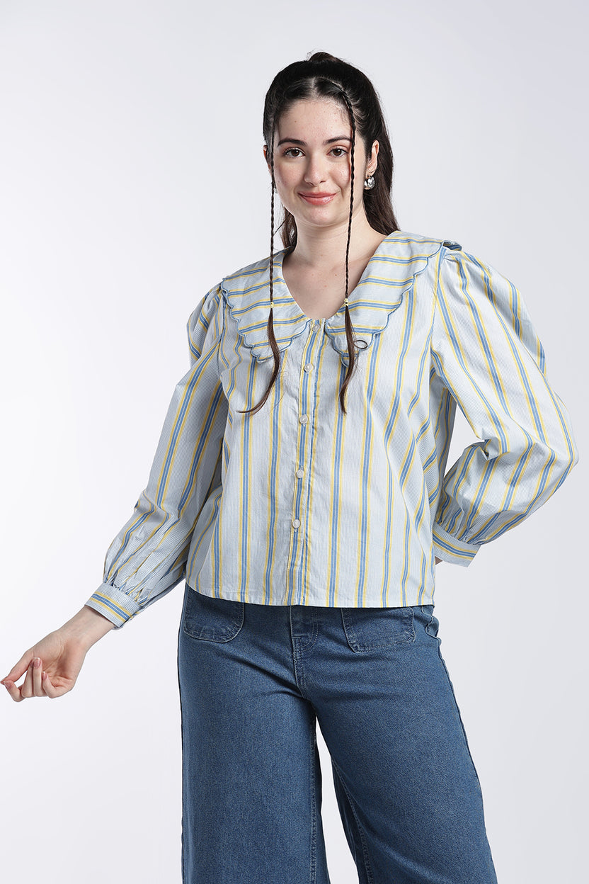 Light Blue Bishop Sleeves Regular Fit Top For Women - Image 2