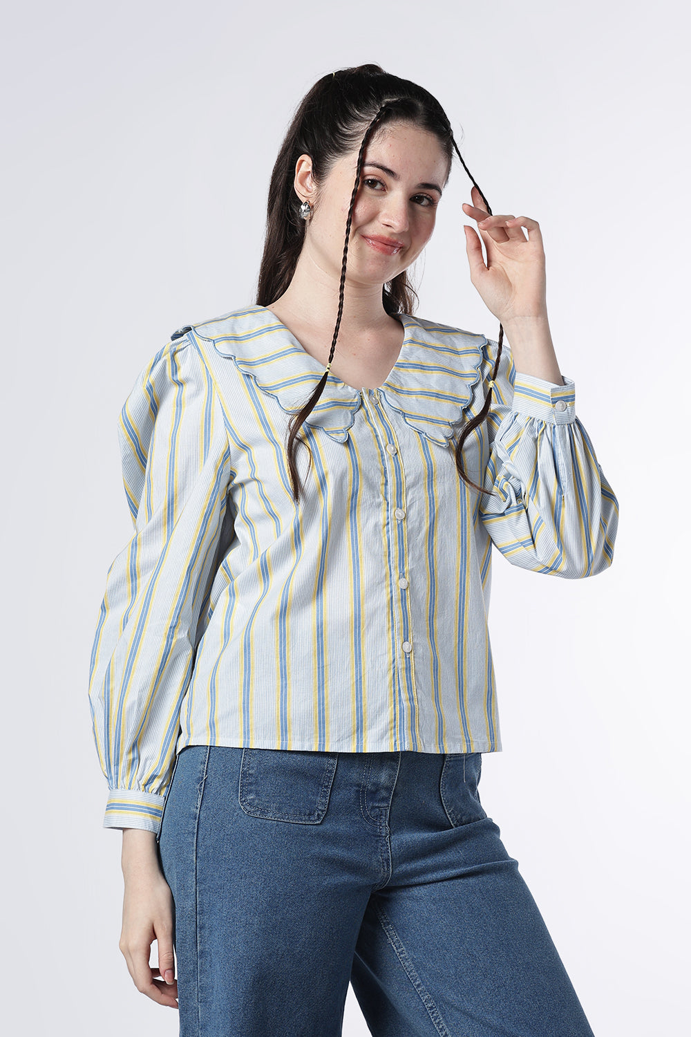 Light Blue Bishop Sleeves Regular Fit Top For Women - Image 4