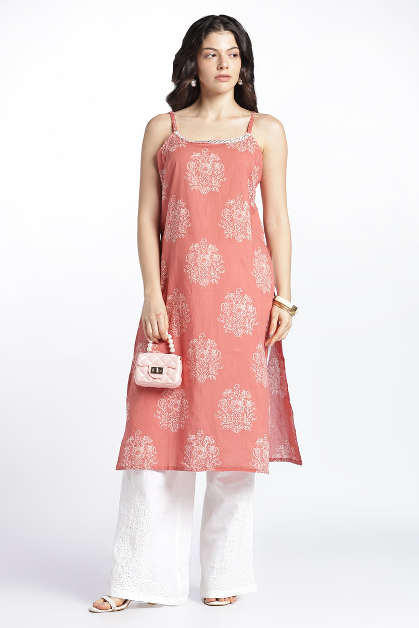 Womens Regular Printed Strappy Rust Kurta - Image 1