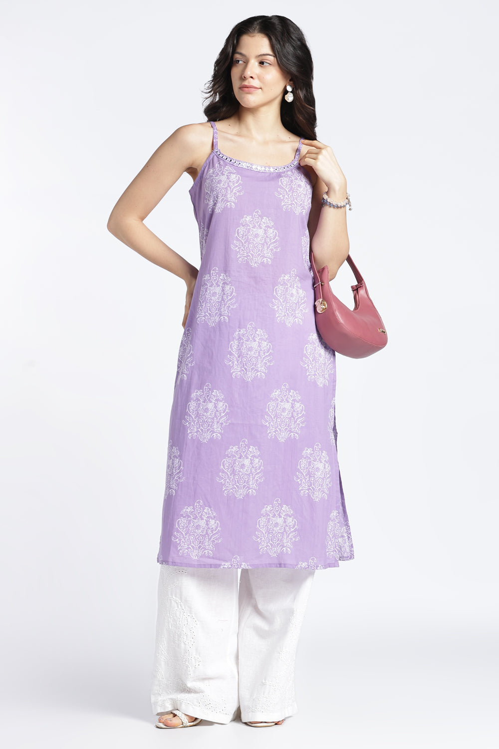 Womens Regular Printed Strappy Lilac Kurta - Image 1