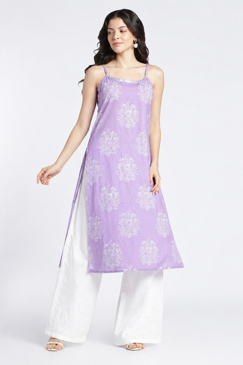 Womens Regular Printed Strappy Lilac Kurta - Image 2