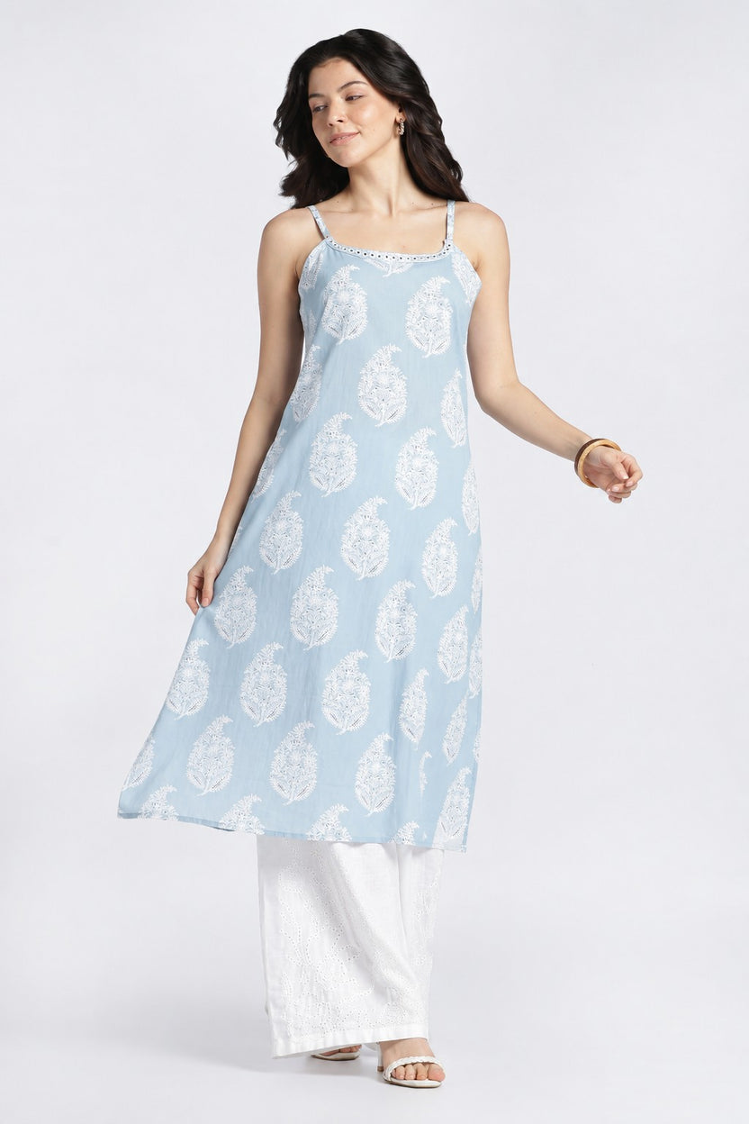 Womens Regular Printed Strappy Blue Kurta - Image 2