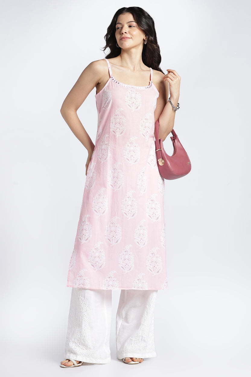 Womens Regular Printed Strappy Pink Kurta - Image 1