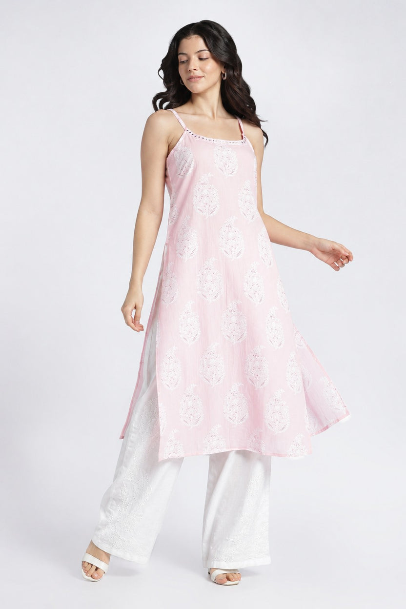 Womens Regular Printed Strappy Pink Kurta - Image 2