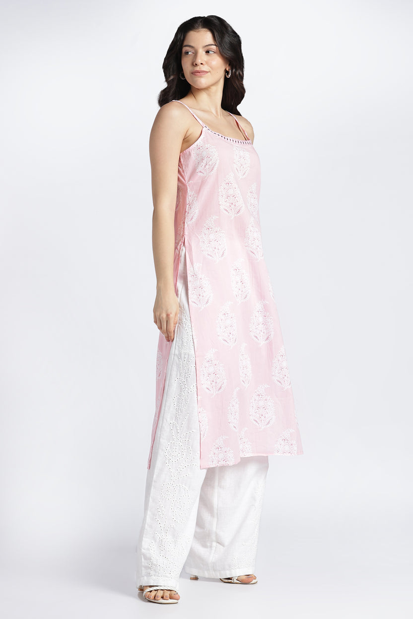 Womens Regular Printed Strappy Pink Kurta - Image 4
