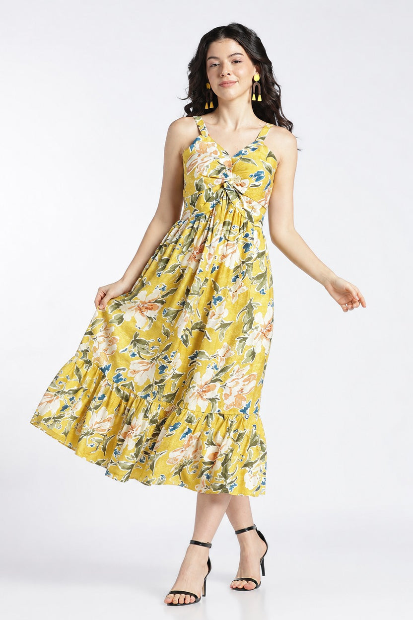 Womens Flared Printed Strappy Yellow Dress - Image 2