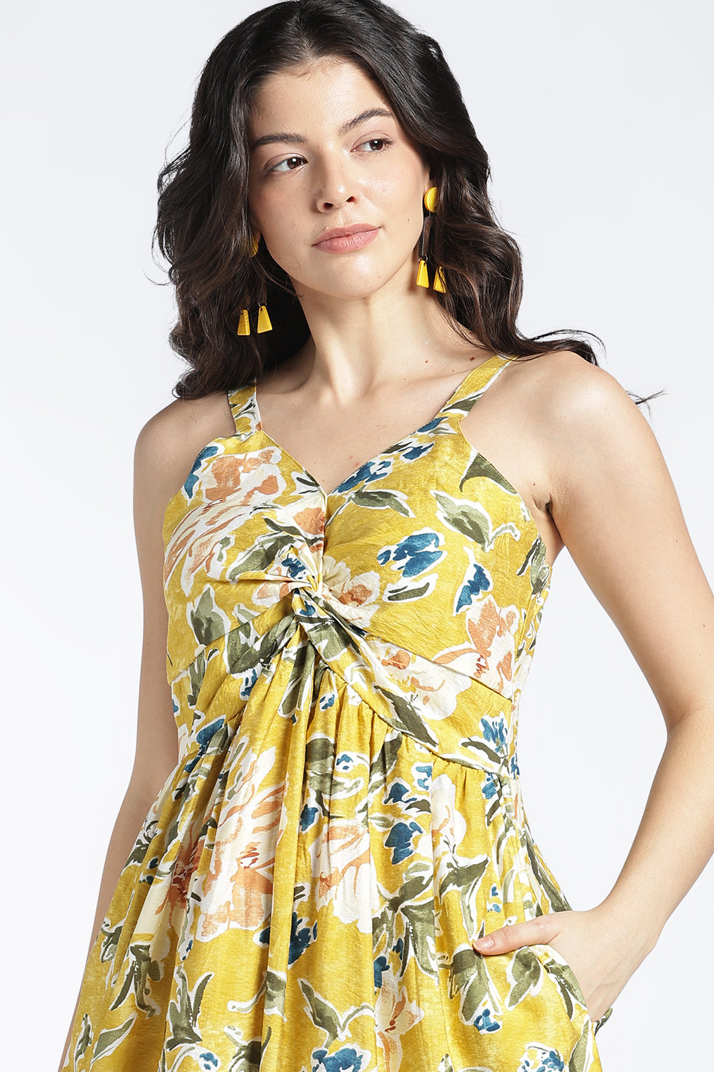 Womens Flared Printed Strappy Yellow Dress - Image 3