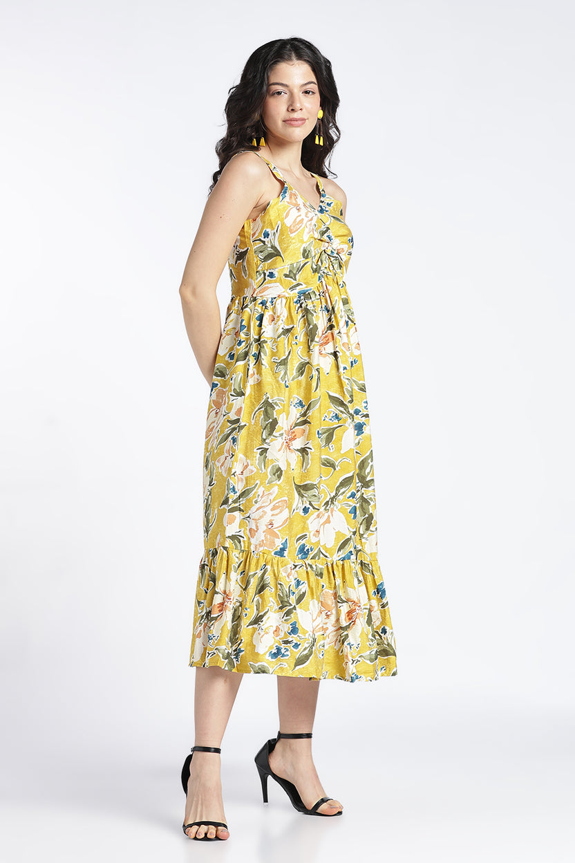 Womens Flared Printed Strappy Yellow Dress - Image 4