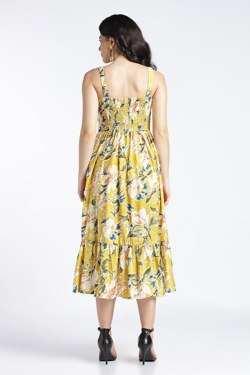 Womens Flared Printed Strappy Yellow Dress - Image 5