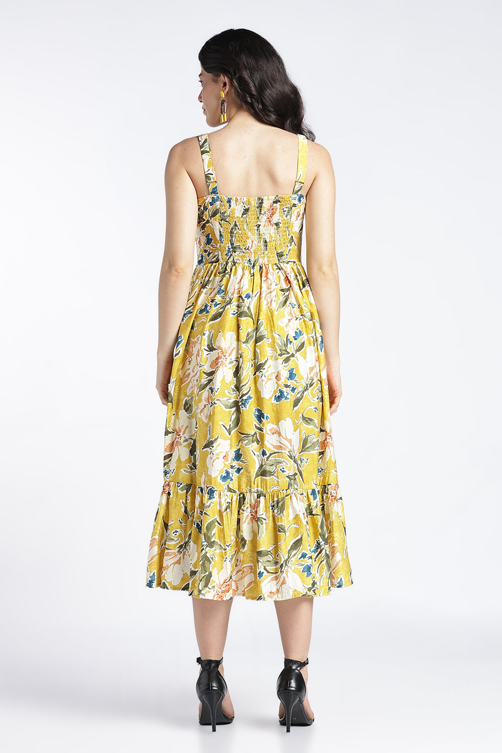 Womens Flared Printed Strappy Yellow Dress - Image 5