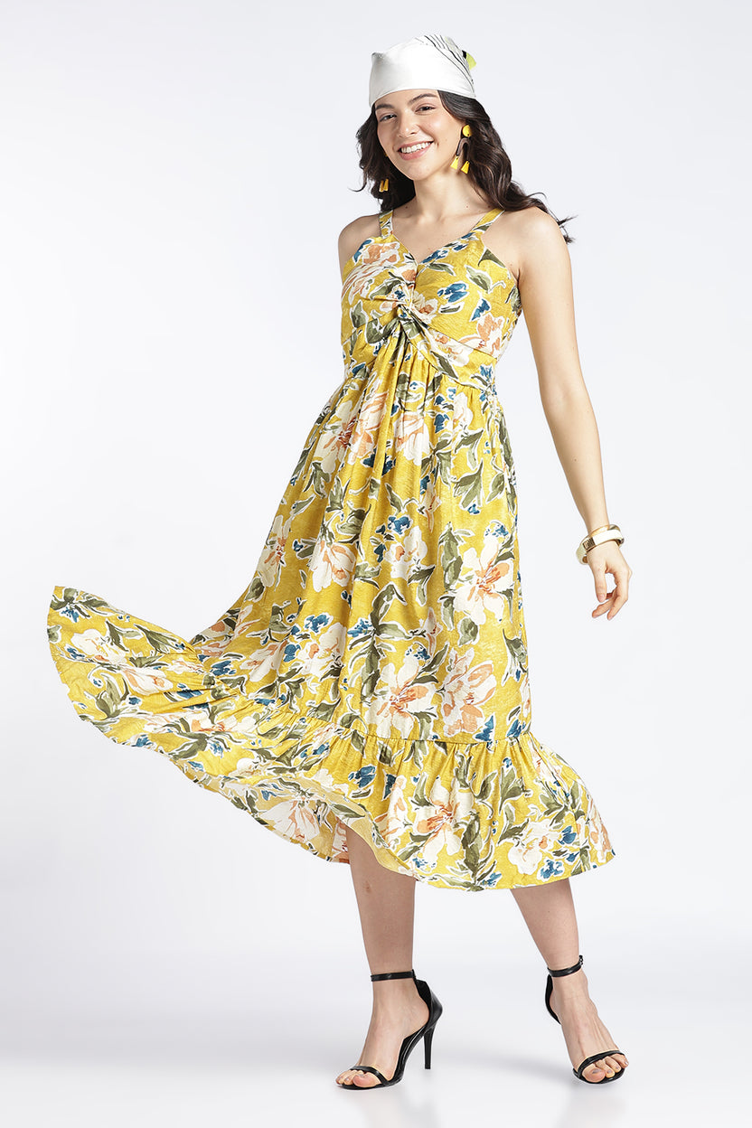 Womens Flared Printed Strappy Yellow Dress - Image 6