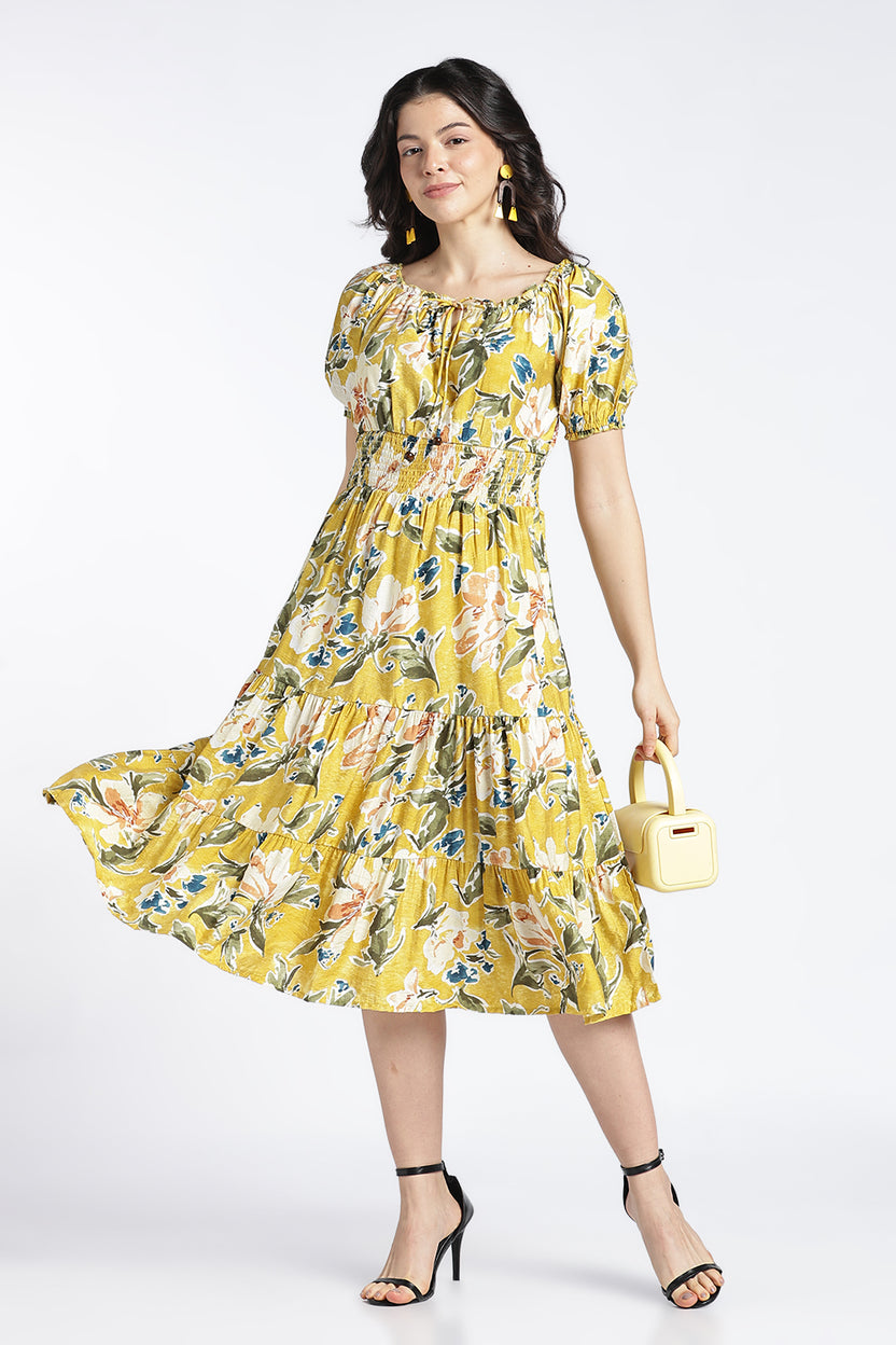 Womens Flared Printed Yellow Dress - Image 1