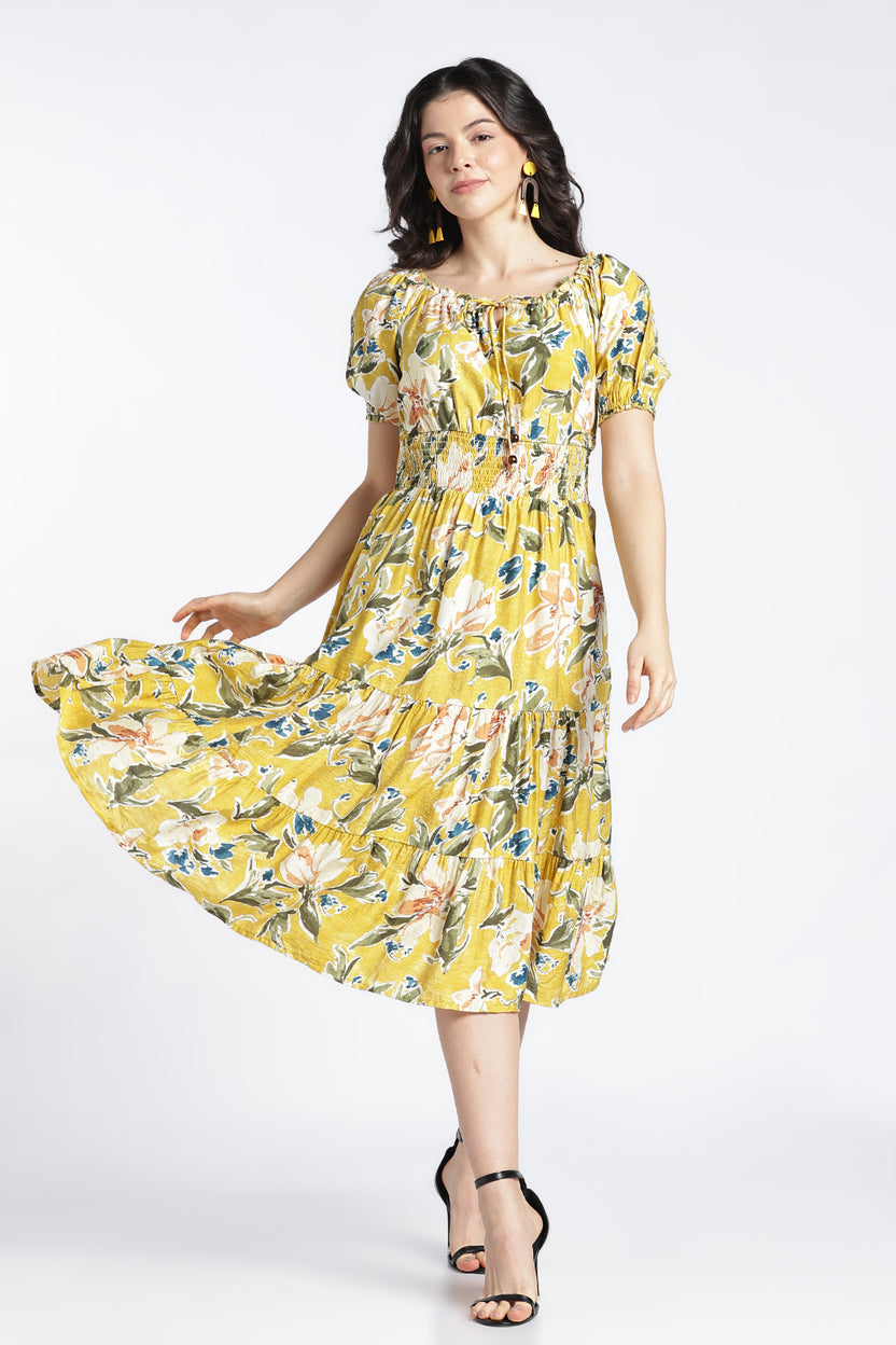 Womens Flared Printed Yellow Dress - Image 2