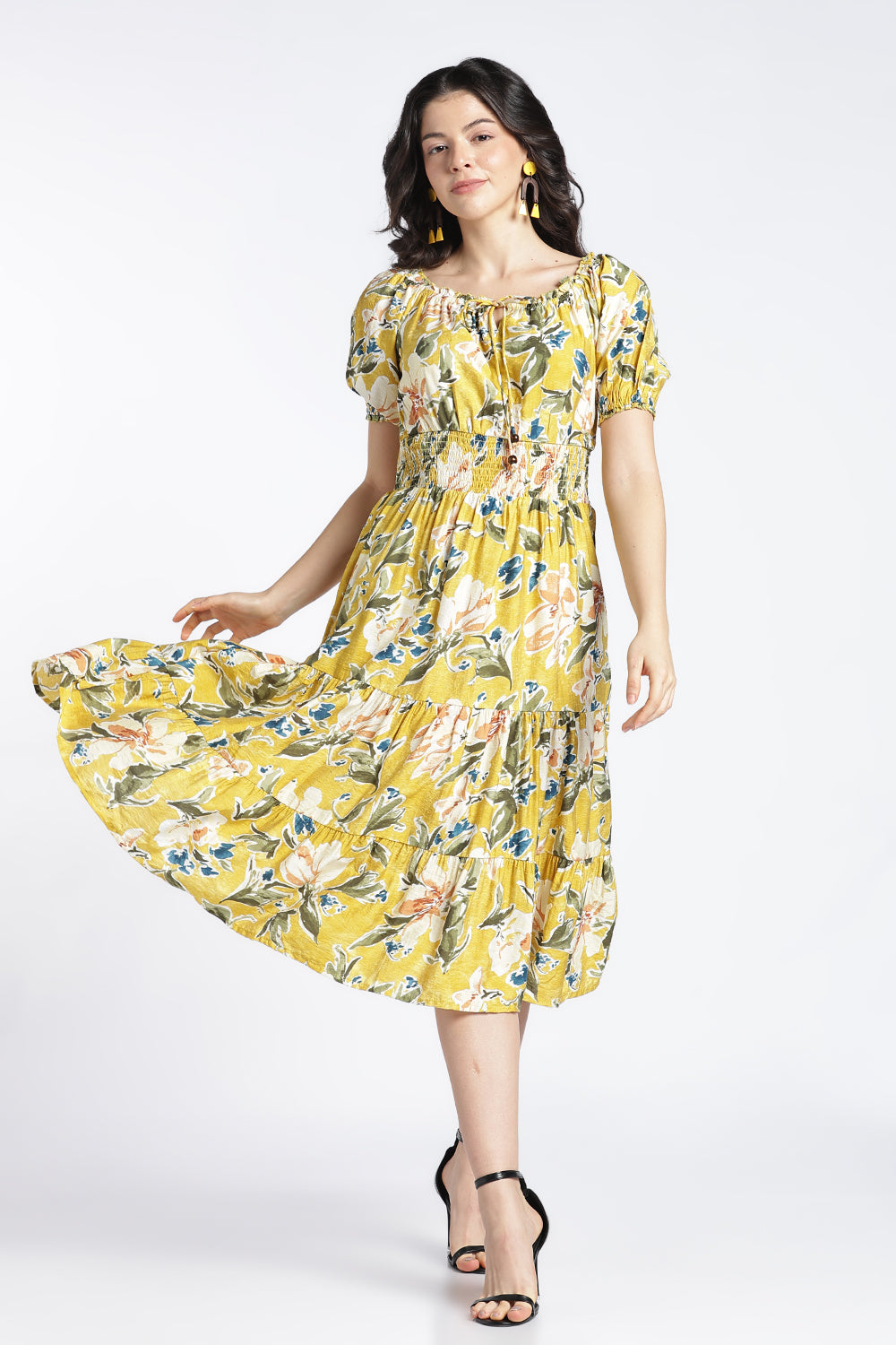 Womens Flared Printed Yellow Dress - Image 2