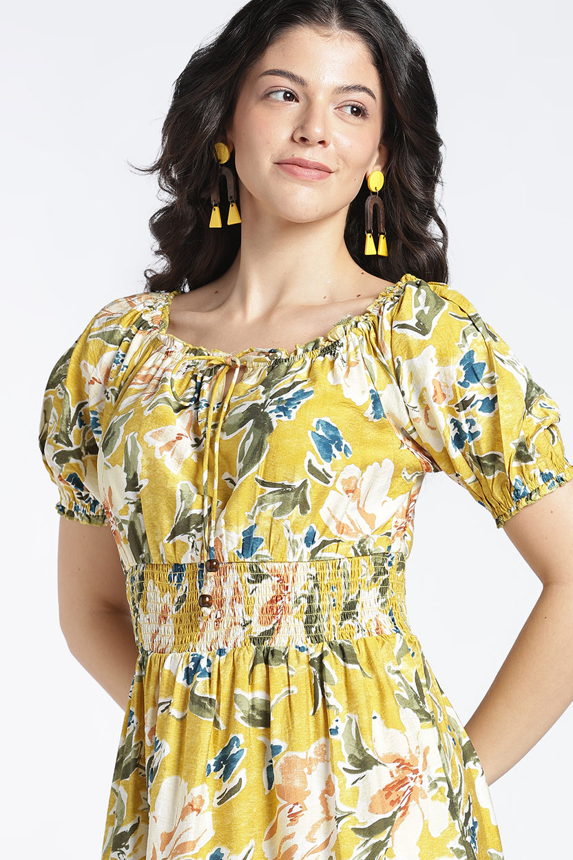 Womens Flared Printed Yellow Dress - Image 3