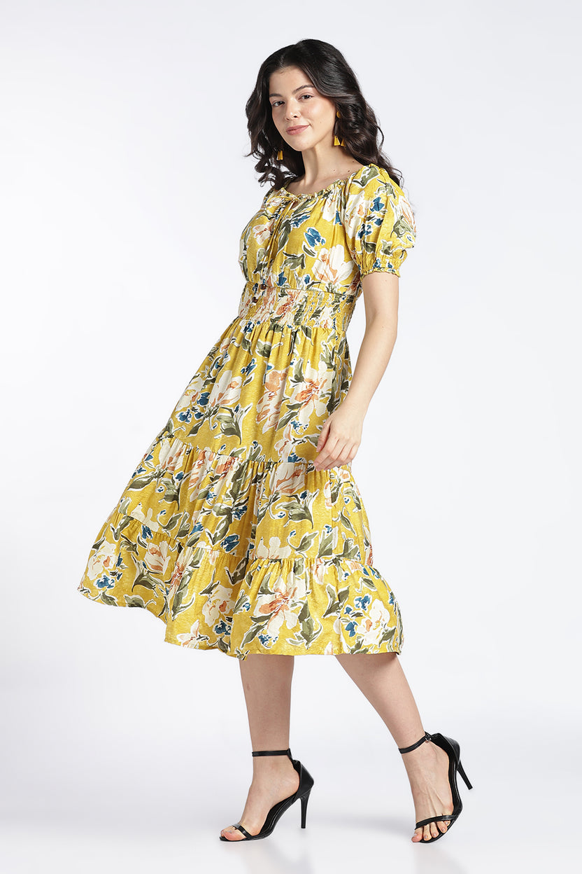 Womens Flared Printed Yellow Dress - Image 4