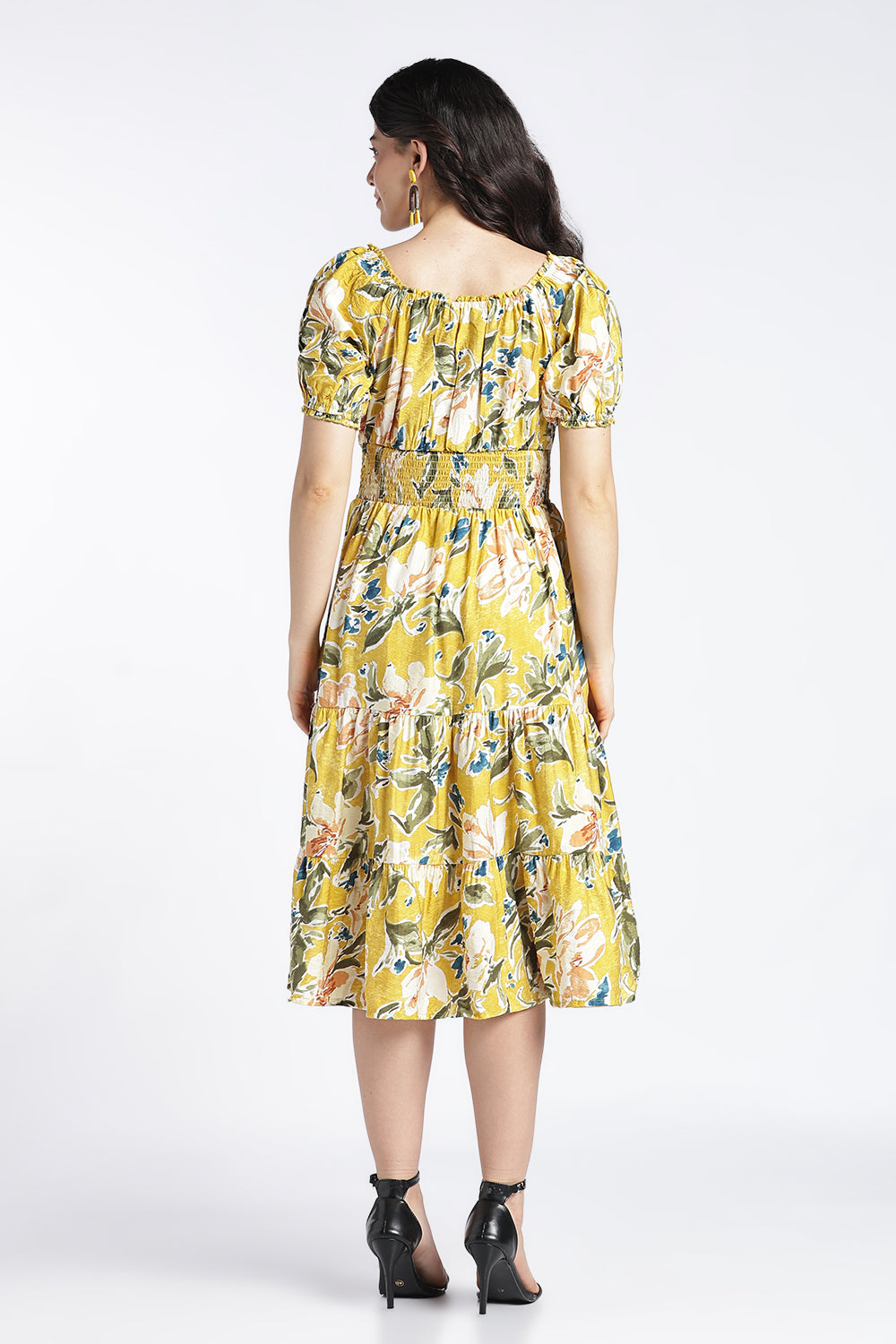 Womens Flared Printed Yellow Dress - Image 5
