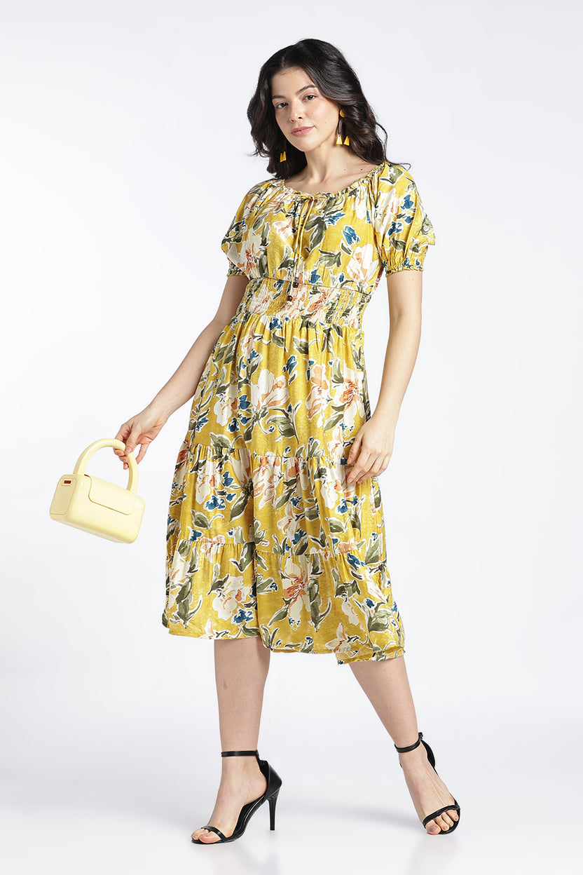 Womens Flared Printed Yellow Dress - Image 6