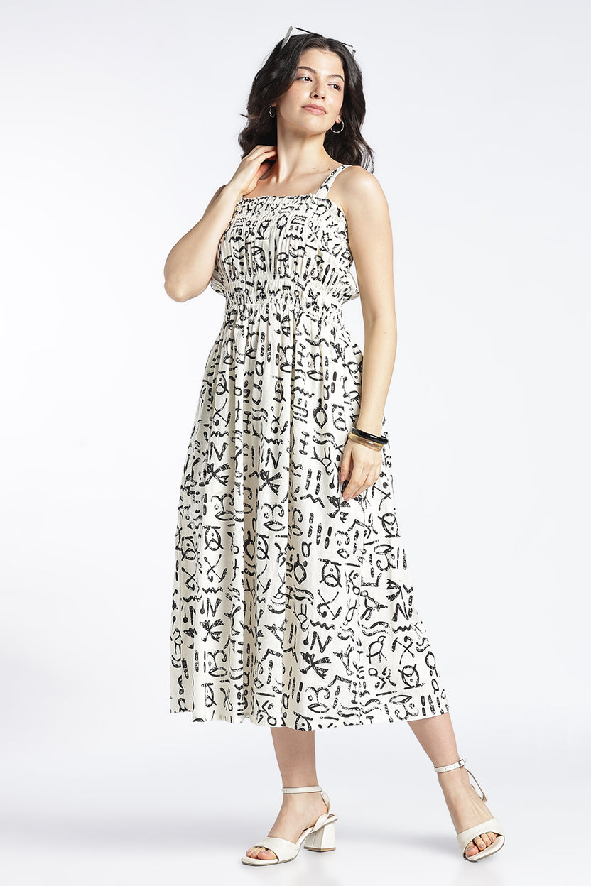 Womens Flared Off White Printed Strappy Dress - Image 6