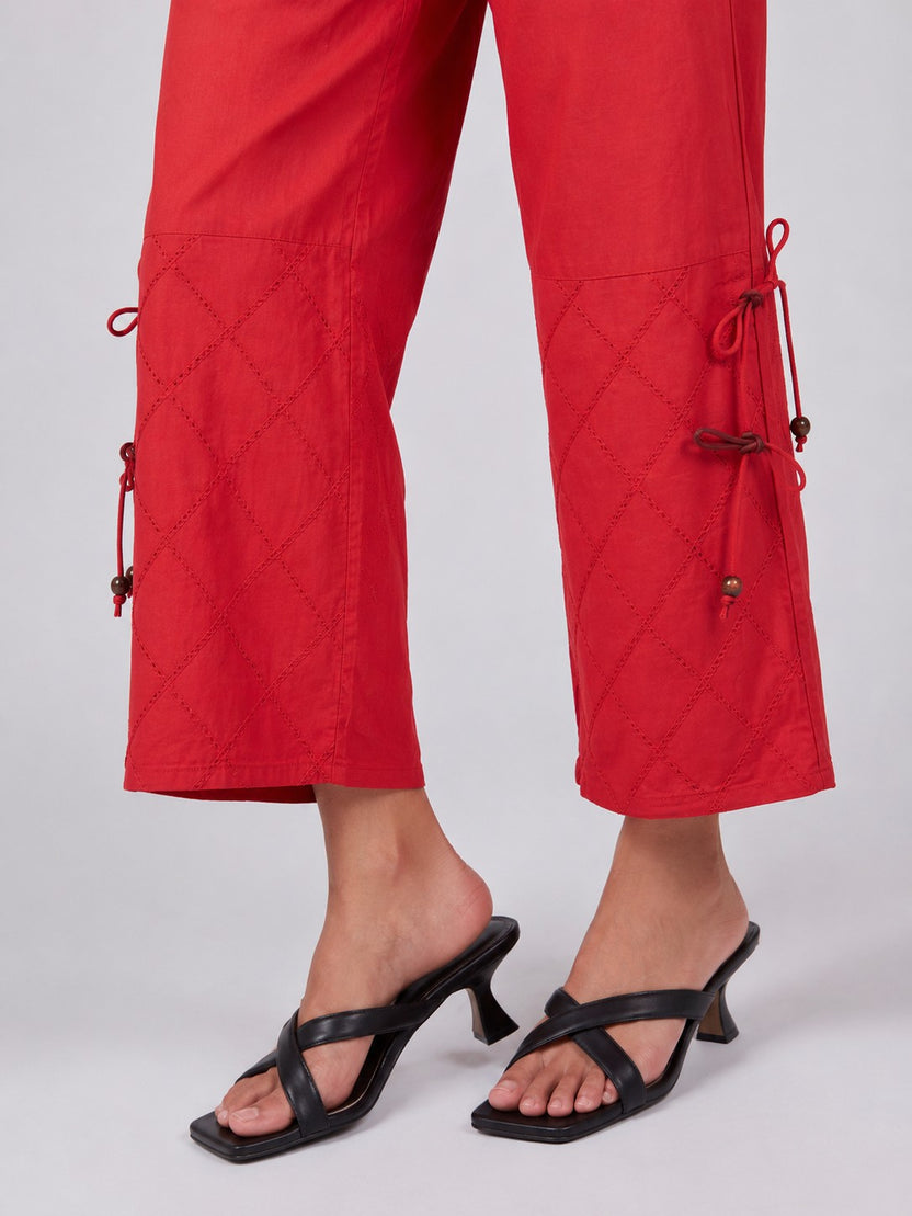Women Red Wide Leg Fit Culotte Pant With 2 Pocket - Image 3