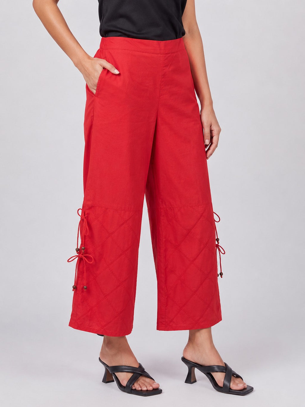 Women Red Wide Leg Fit Culotte Pant With 2 Pocket - Image 4