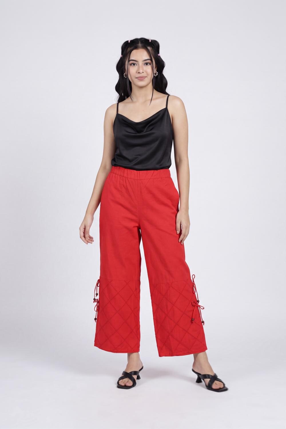 Women Red Wide Leg Fit Culotte Pant With 2 Pocket - Image 6