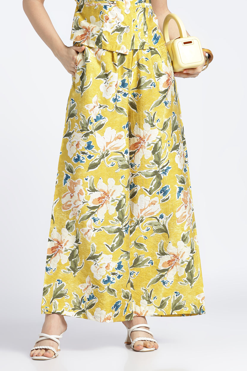 Womens Wide Leg Yellow Printed Pant - Image 1