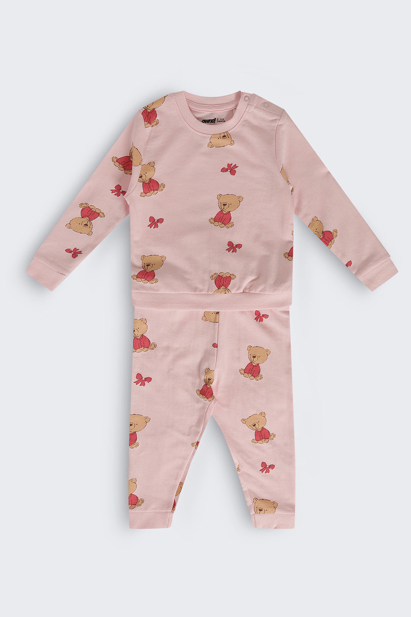 Infant Girls Pink Teddy Cotton Regular Fit Co Ord Set - Image 2