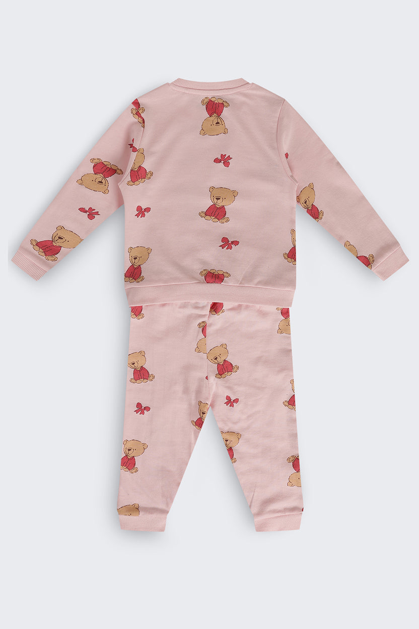 Infant Girls Pink Teddy Cotton Regular Fit Co Ord Set - Image 3
