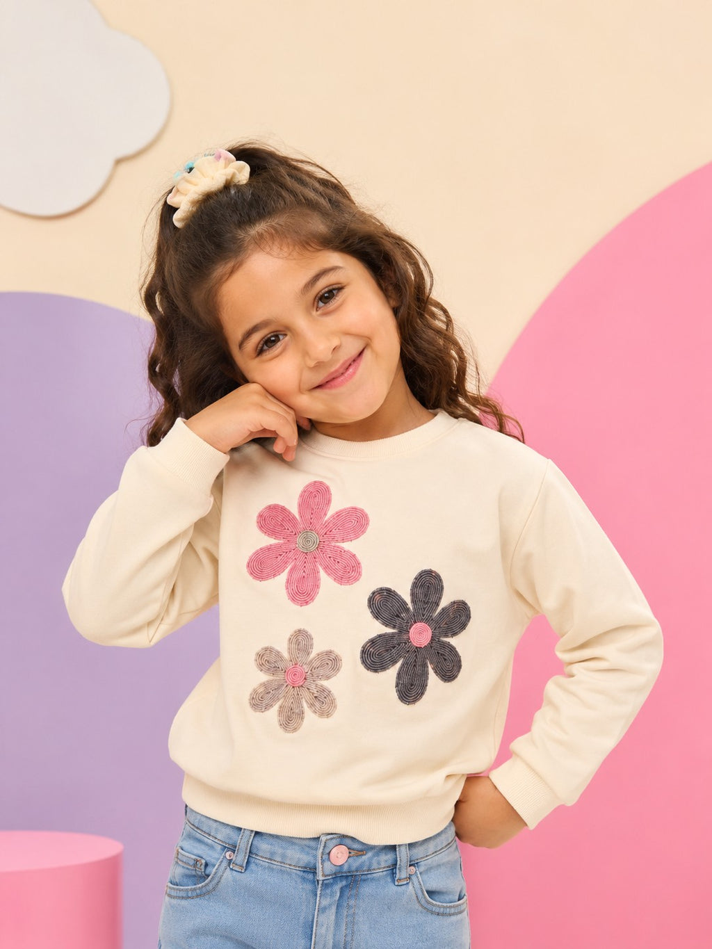 Relaxed Fit Embellished Off White Sweatshirt  For Girls - Image 1
