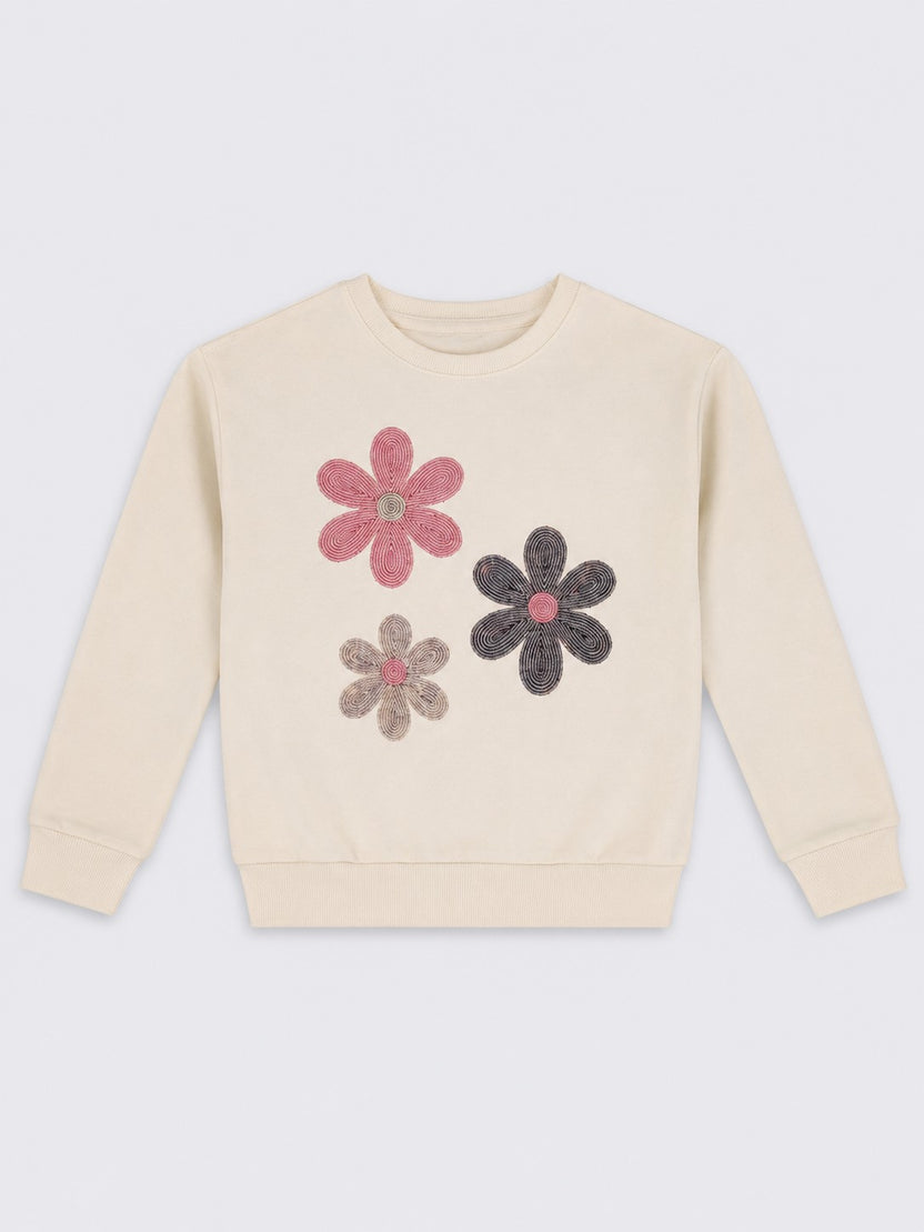 Relaxed Fit Embellished Off White Sweatshirt  For Girls - Image 2