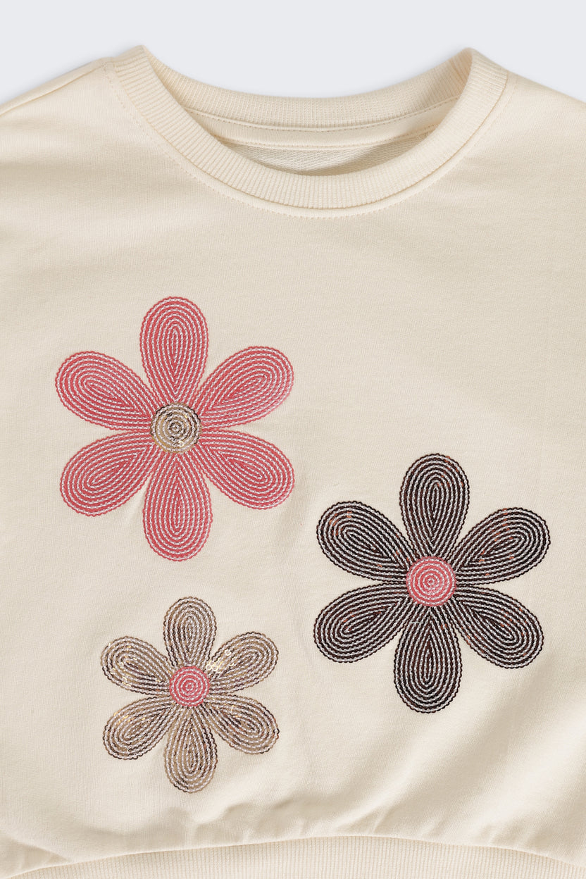 Relaxed Fit Embellished Off White Sweatshirt  For Girls - Image 4
