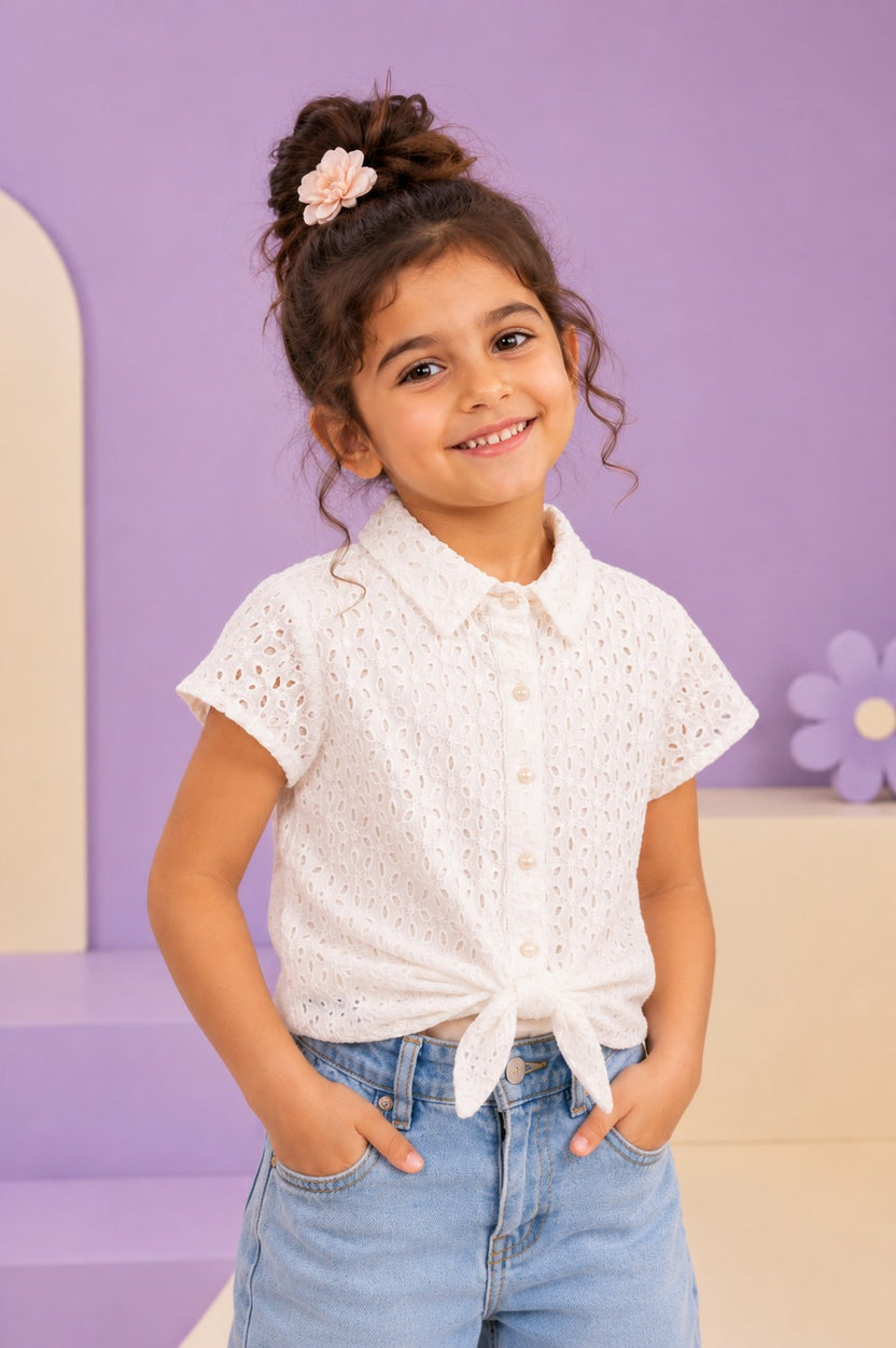 Relaxed Fit Cut Work Woven White Top  For Girls - Image 1