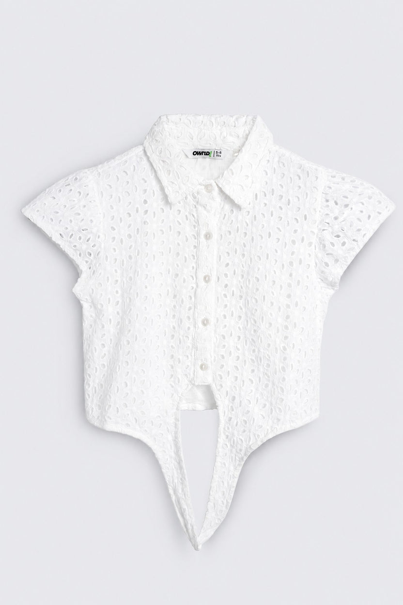 Relaxed Fit Cut Work Woven White Top  For Girls - Image 2