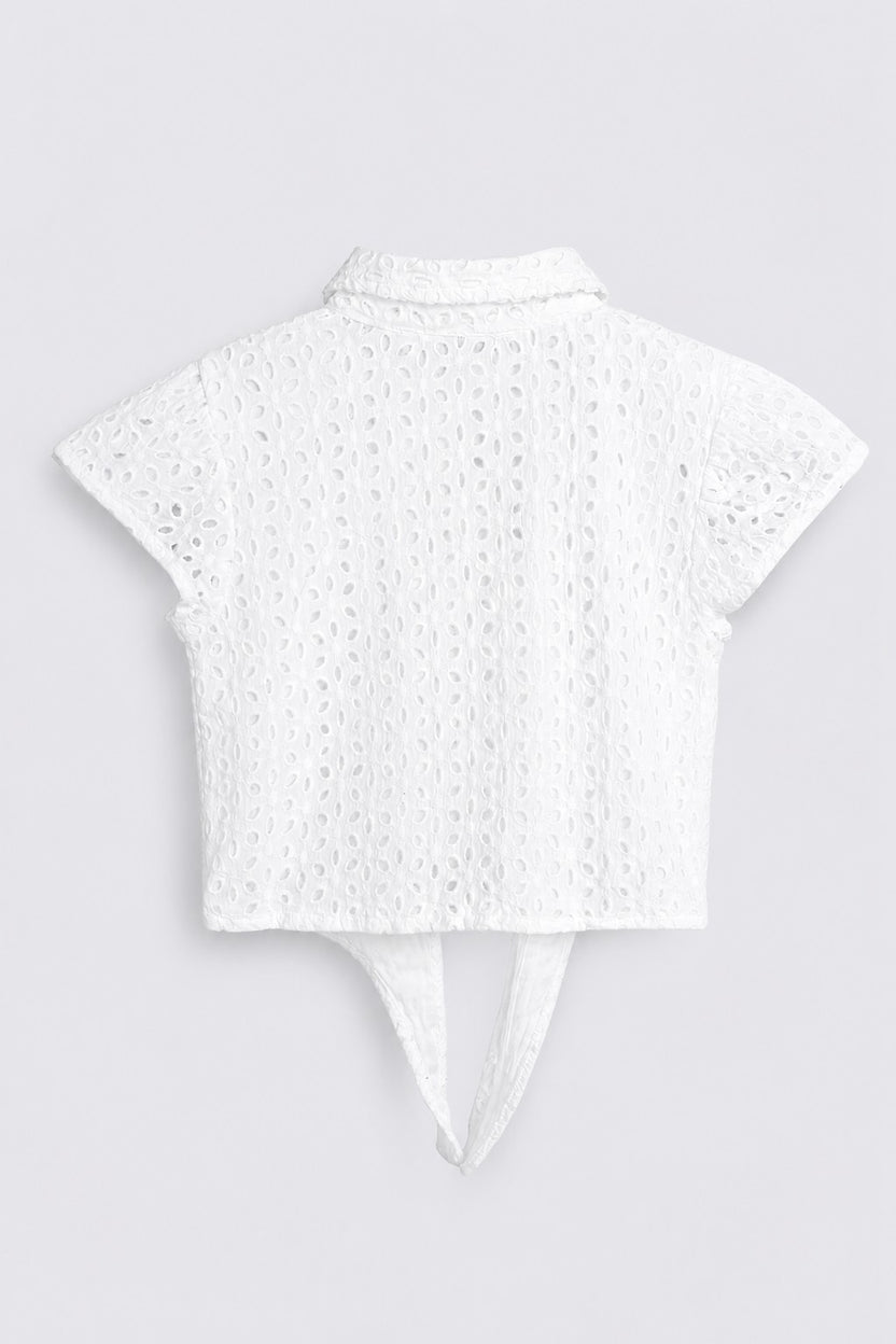 Relaxed Fit Cut Work Woven White Top  For Girls - Image 3