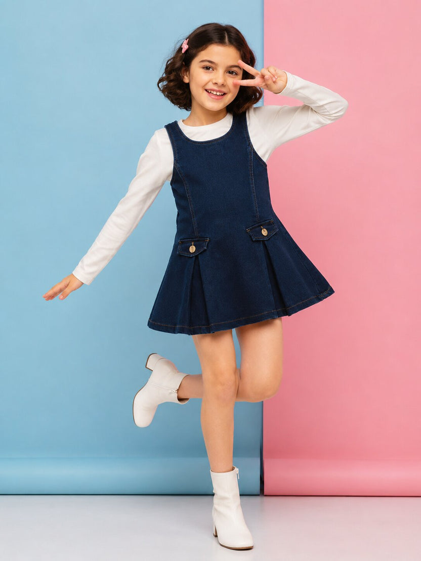 Relaxed Fit Navy Dunagree Dress For Tweens Girls - Image 1