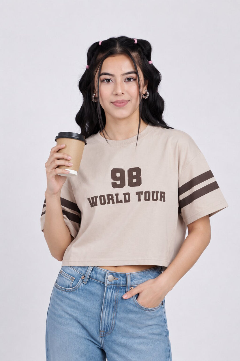 Women Beige Numeric Boxy Fit T-Shirt - Image 1