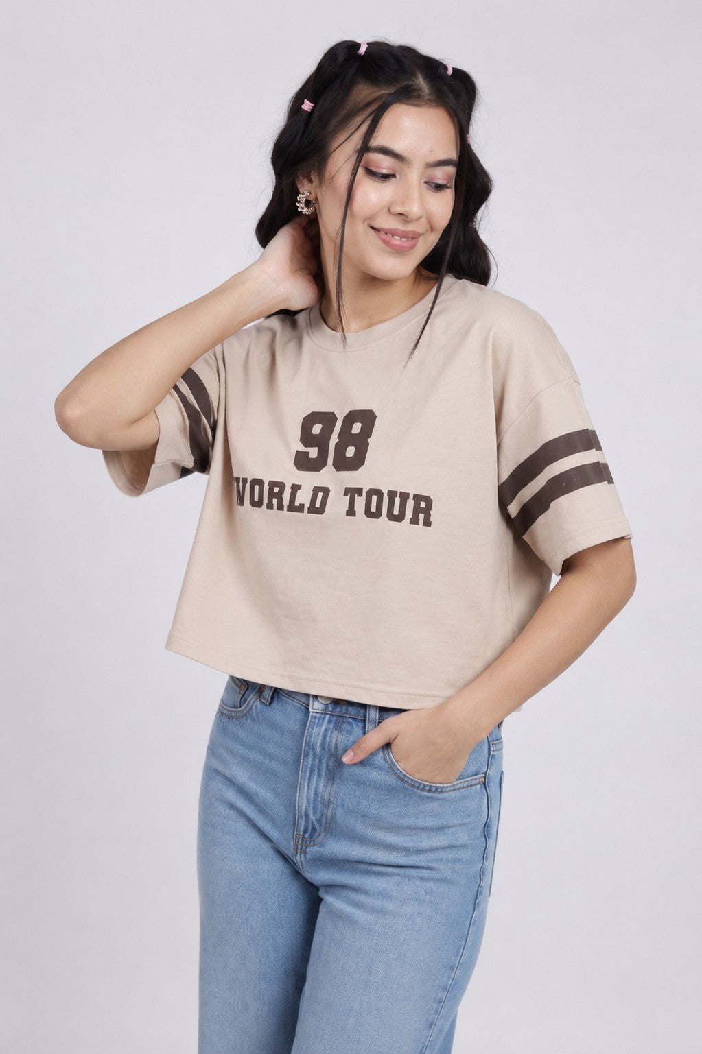 Women Beige Numeric Boxy Fit T-Shirt - Image 2