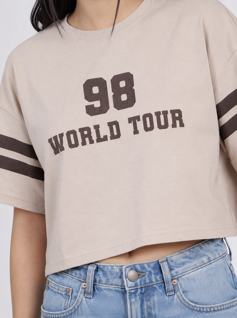 Women Beige Numeric Boxy Fit T-Shirt - Image 3