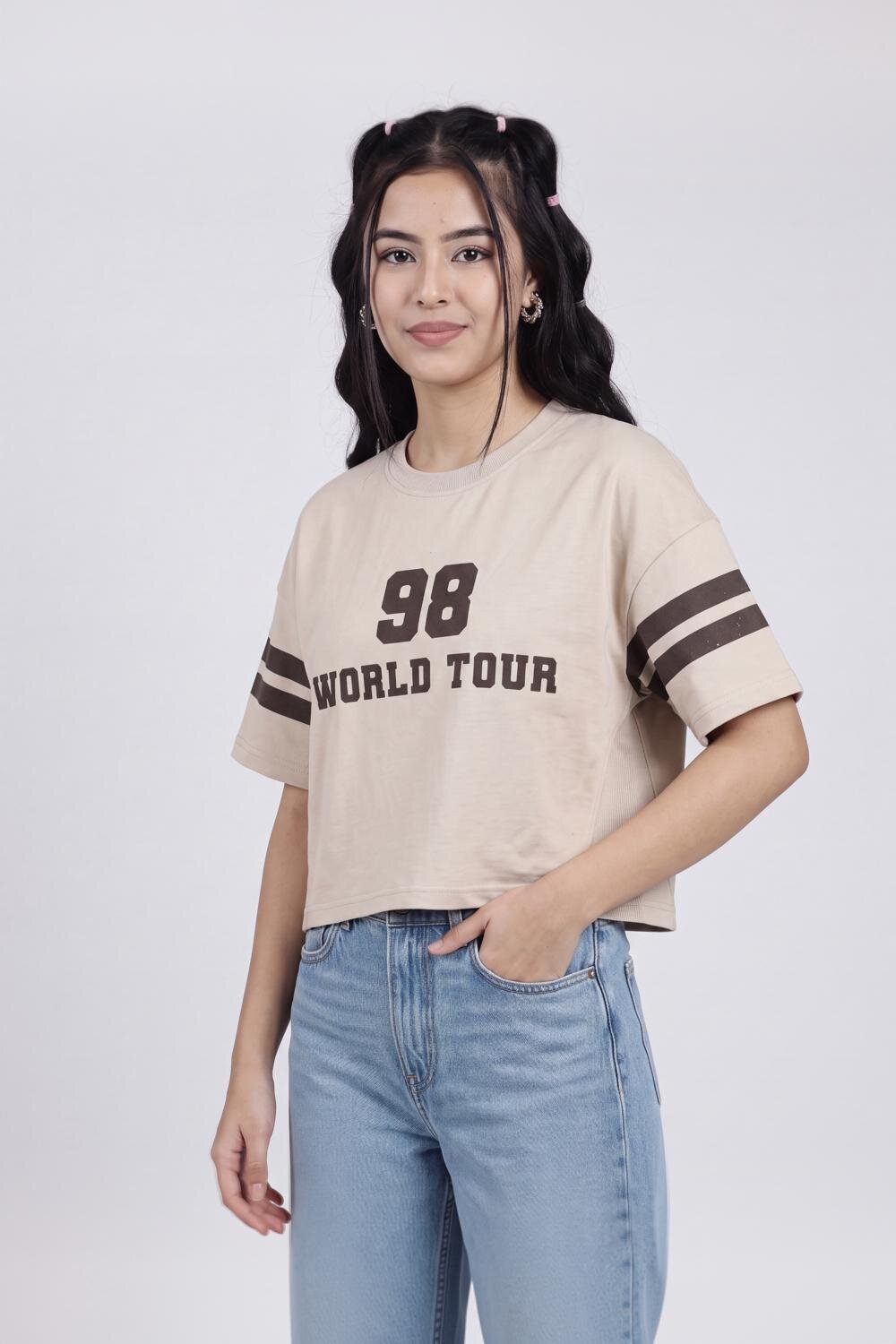 Women Beige Numeric Boxy Fit T-Shirt - Image 4