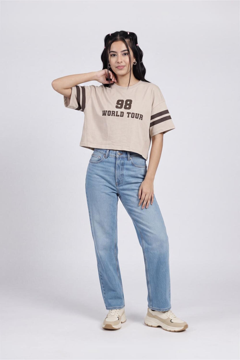 Women Beige Numeric Boxy Fit T-Shirt - Image 6