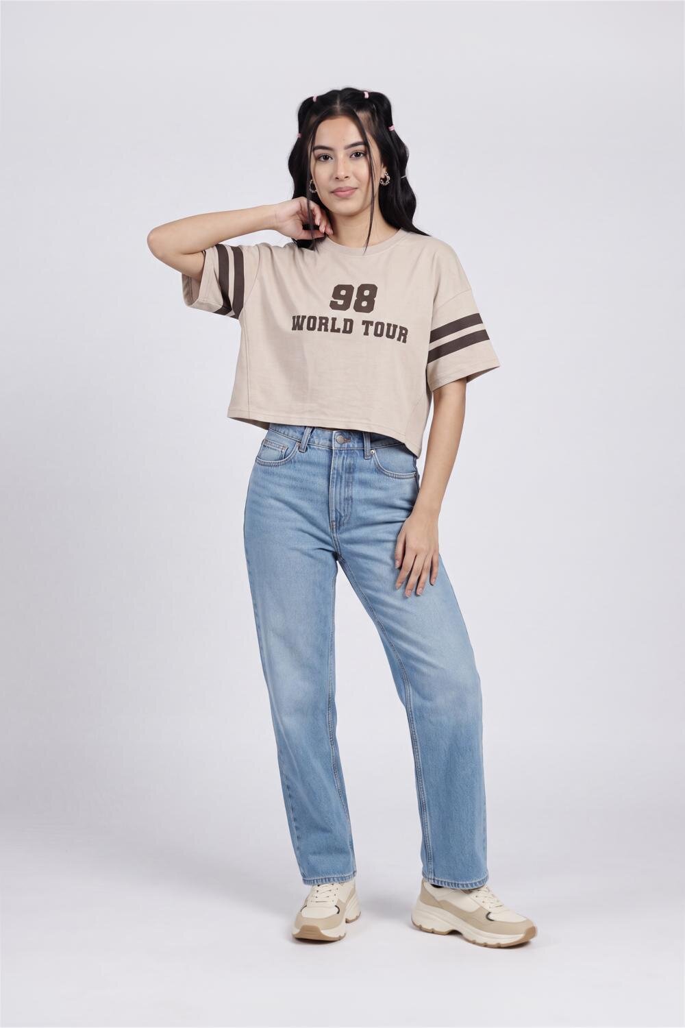Women Beige Numeric Boxy Fit T-Shirt - Image 6