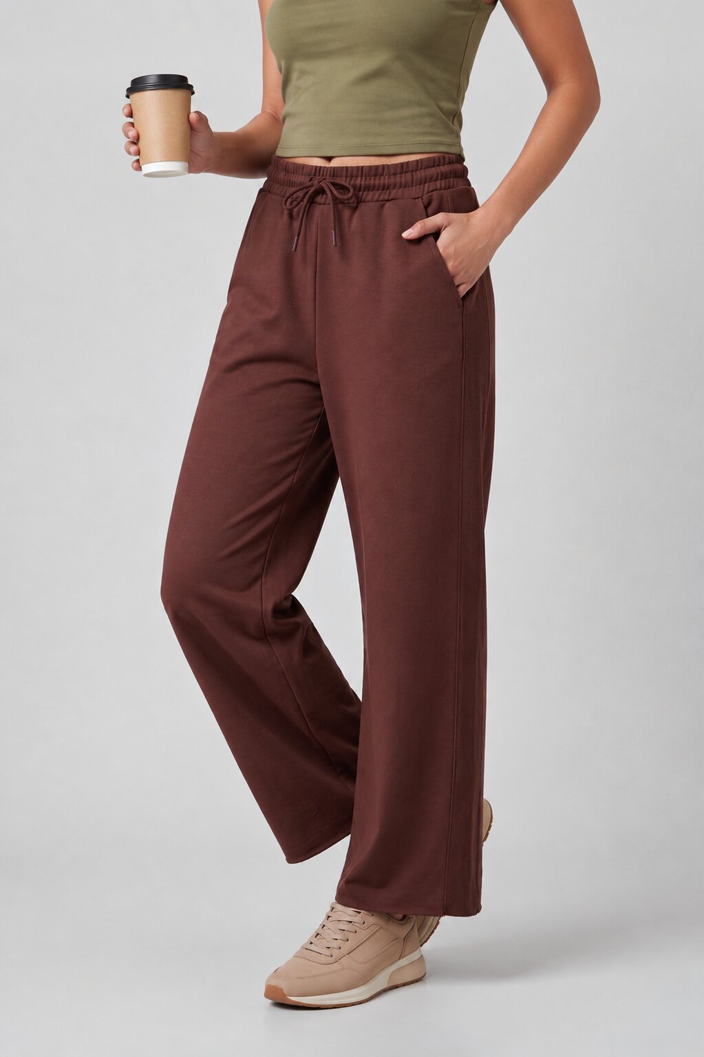 Women Brown Wide Leg Fit Sweatpant With 2 Pocket - Image 1