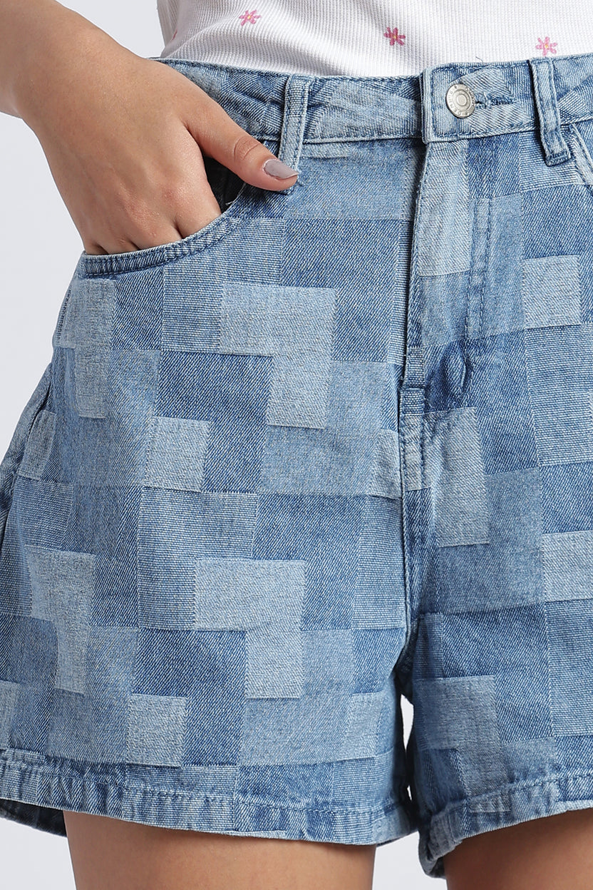 Womens Regular Checkered Denim Shorts - Image 3