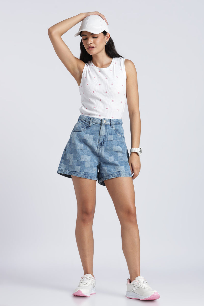 Womens Regular Checkered Denim Shorts - Image 6