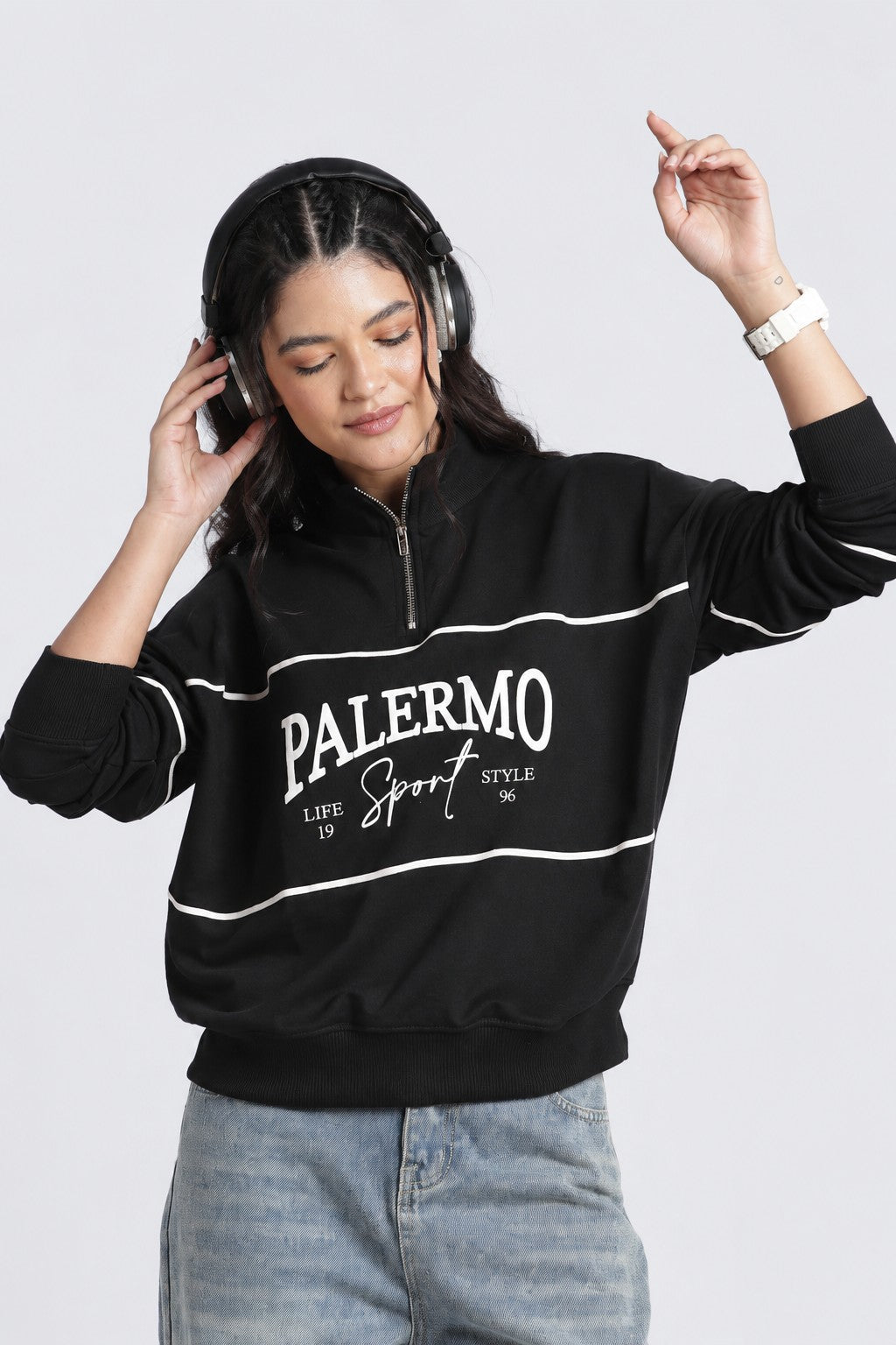 Womens Relaxed Half Zipper Black Graphic Sweatshirt - Image 1