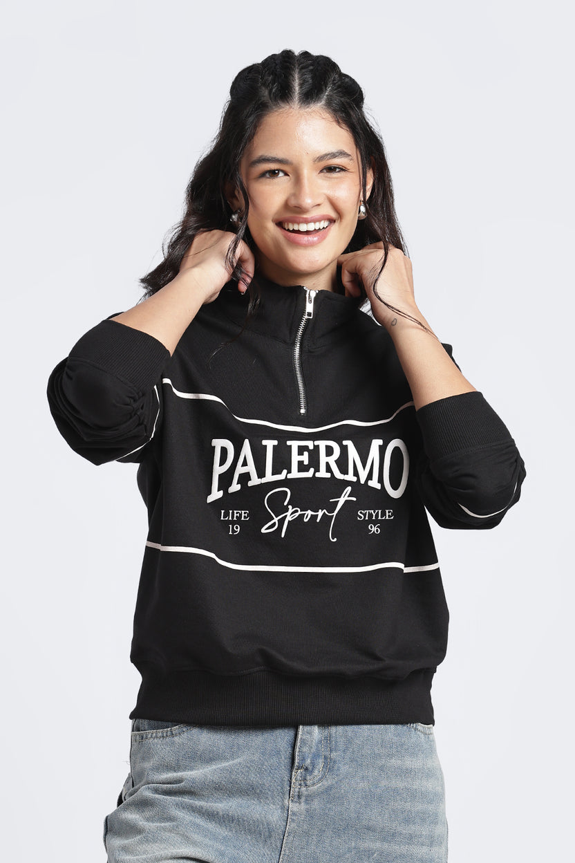 Womens Relaxed Half Zipper Black Graphic Sweatshirt - Image 2