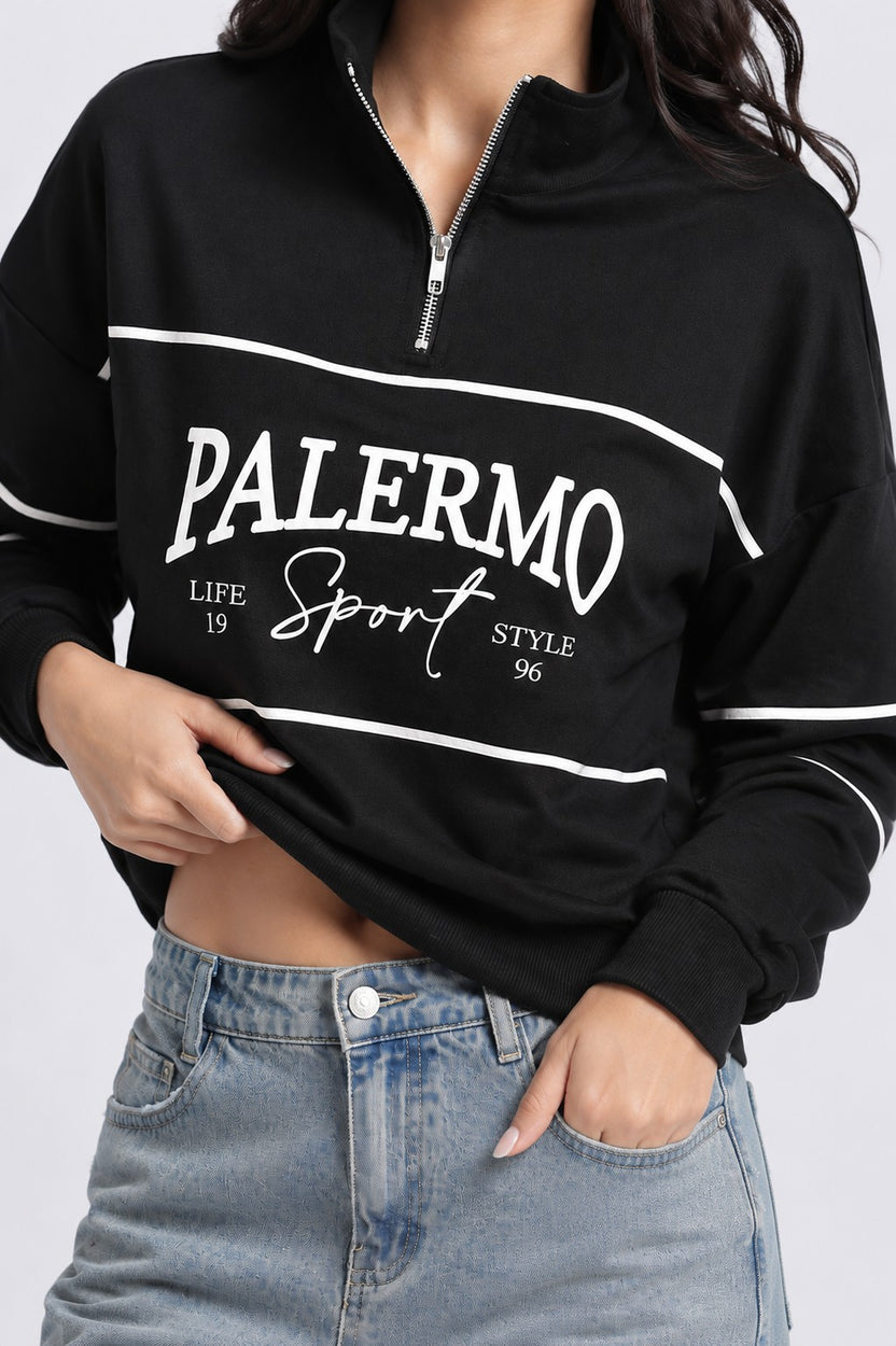 Womens Relaxed Half Zipper Black Graphic Sweatshirt - Image 3