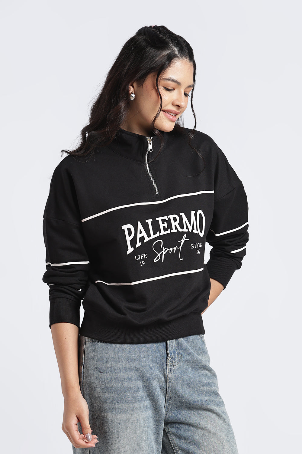 Womens Relaxed Half Zipper Black Graphic Sweatshirt - Image 4